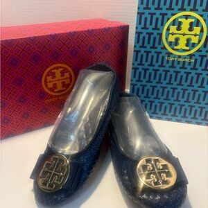 Tory Burch Navy Woven Flats with Gold Logo size 8